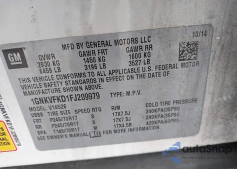 2015 Chevrolet Traverse Ls z USA, uszkodzony, nr VIN 1GNKVFKD1FJ209979